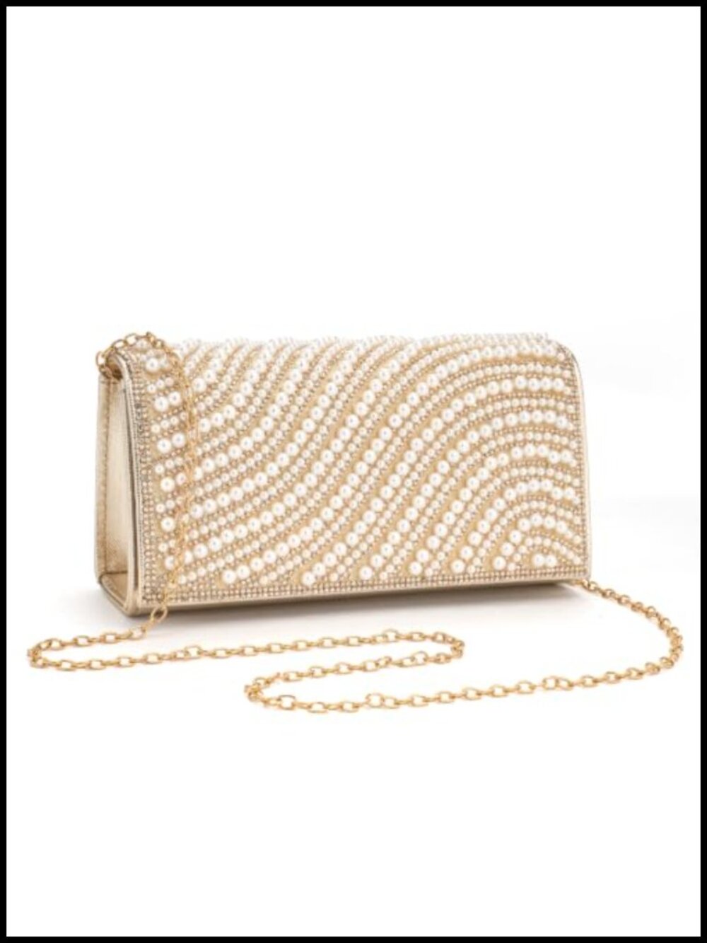 Pearl Crystal Crossbody Clutch with Chain - Faux Leather Formal Evening Bag
